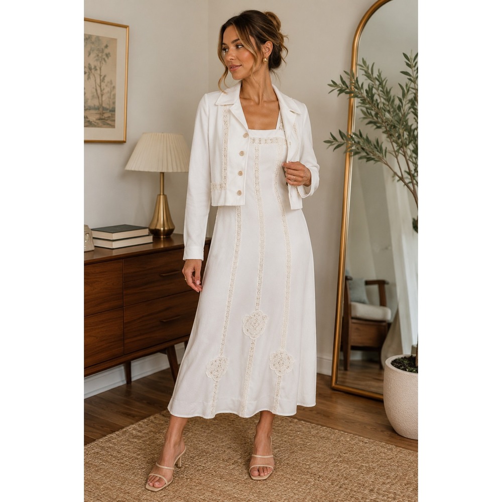 Vintage 70s Dress Set Sz Small White Lace Boho Maxi w/Jacket Bridal Garden Party